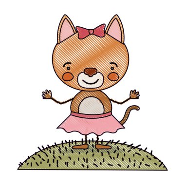 renk mum boya siluet sahne Peyzaj ve çim ile karikatür hoş ifade kedi ile yay dantel etek