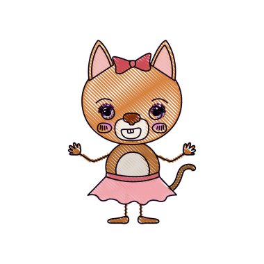 renk mum boya siluet mutluluk ifade ve gülümseme ile yay dantel etek sevimli kadın kedi karikatürü