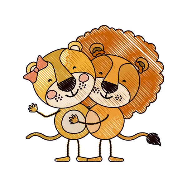 Cor crayon silhueta caricatura com casal de leoa e leão abraçado — Vetor de Stock