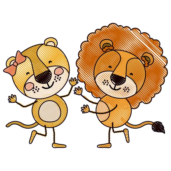 Color crayón silueta caricatura con pareja de leona y león bailando — Archivo Imágenes Vectoriales