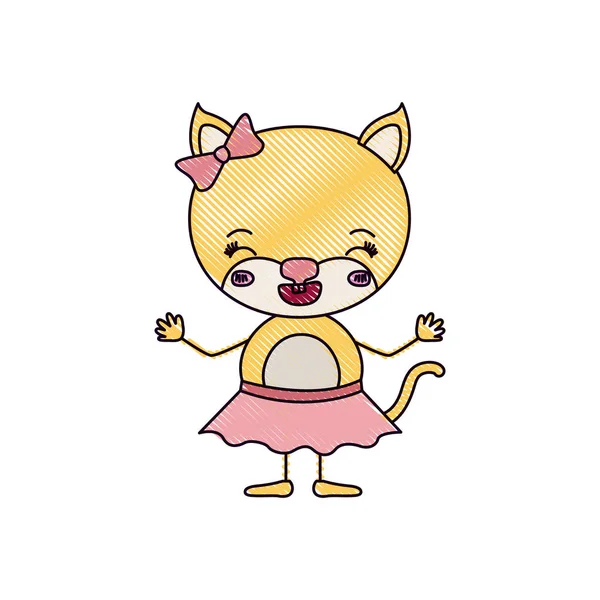 Cor crayon silhueta caricatura de gatinho fêmea bonito na saia com laço com expressão de felicidade e olhos fechados —  Vetores de Stock