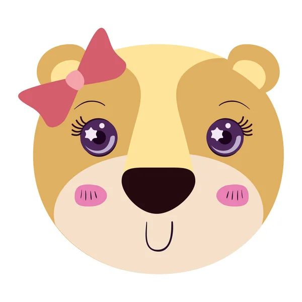 Caricatura colorida cara linda de animal leona hembra con encaje de arco y expresión sonriente — Vector de stock