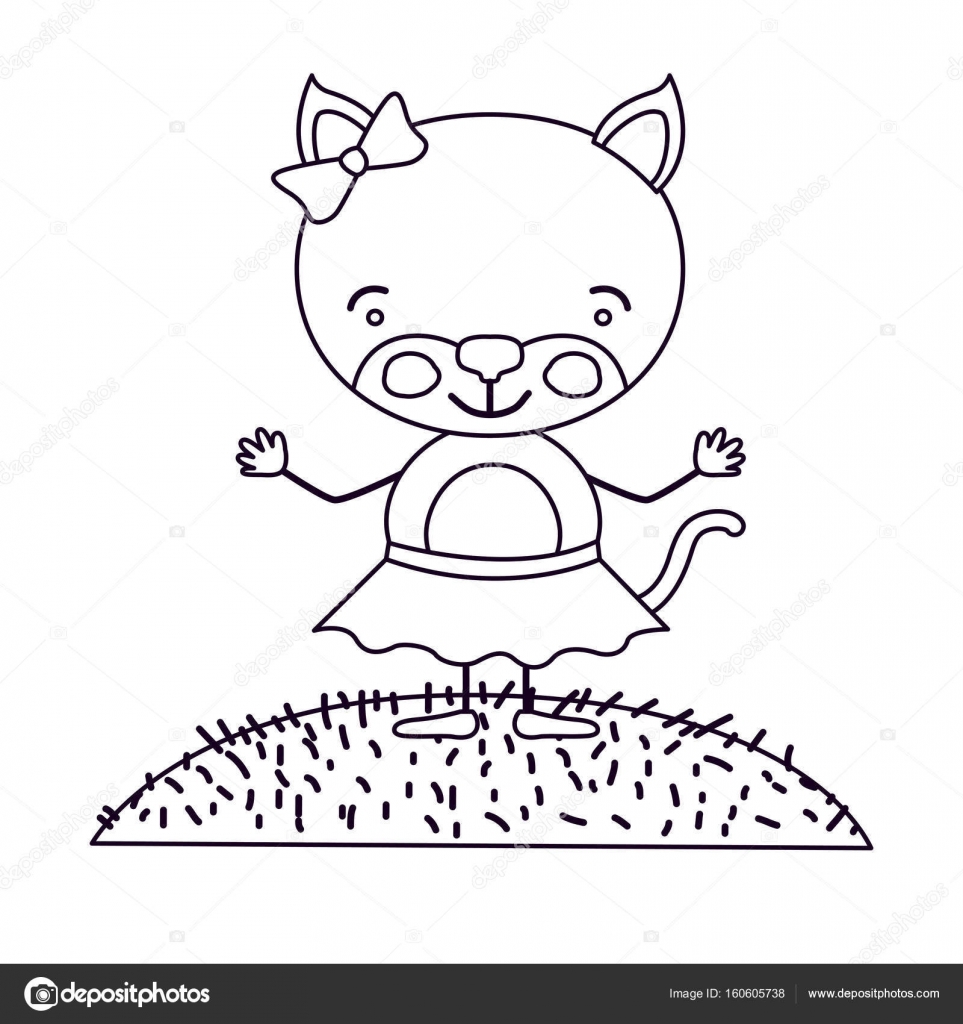 Croquis Silhouette Scene Paysage Et Herbe Avec Caricature Expression Mignonne Chaton Femelle En Jupe Avec Dentelle Papillon Image Vectorielle Par Grgroupstock C Illustration
