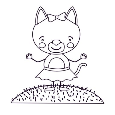 siluet sahne Peyzaj ve çim karikatür hoş ifade dişi kedi ile yay dantel etek ile kroki