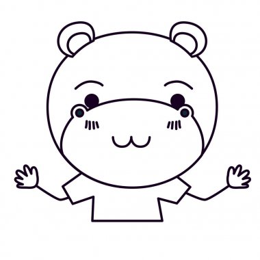 siluet karikatür yarım vücut t-shirt ile sevimli hippo mutluluk ifadesinin kroki