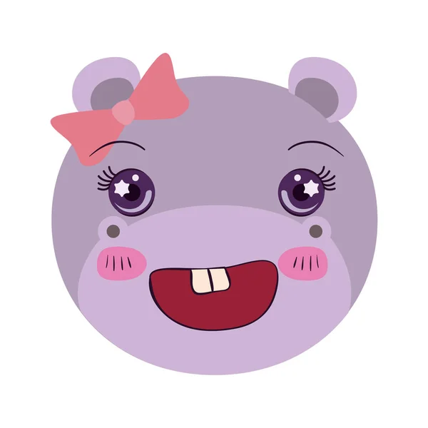 Caricatura colorida rosto fêmea hipopótamo animal felicidade expressão com laço —  Vetores de Stock