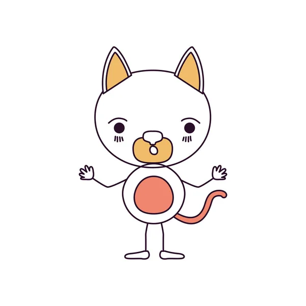 Silueta color secciones caricatura de lindo gato sorprendido expresión con manos arriba — Vector de stock