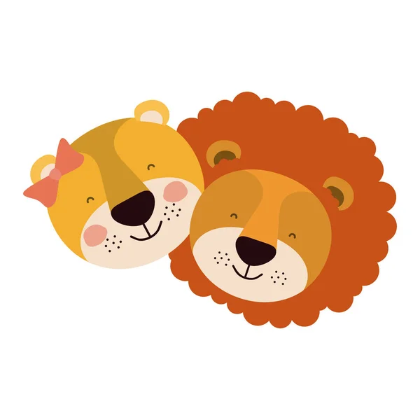 Πολύχρωμο καρικατούρα πρόσωπα ζευγάρι λιοντάρι και η λέαινα ευτυχία έκφρασης — Διανυσματικό Αρχείο