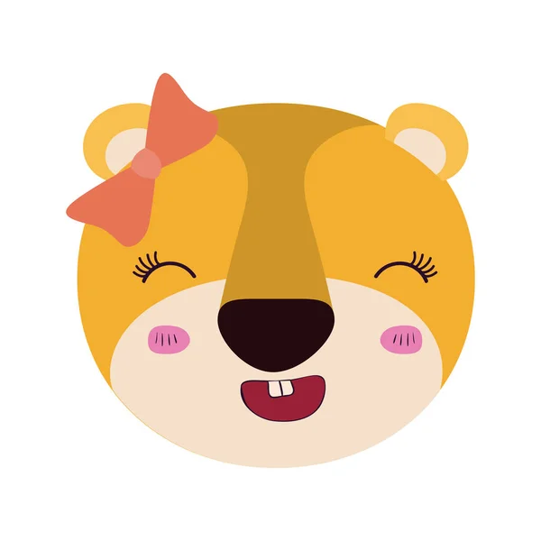 Karykatura kolorowy twarz kobiety lwica zwierząt uśmiechający się wyrażenie z łuk koronki — Wektor stockowy