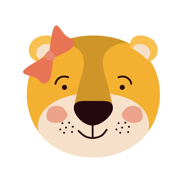 Dişi dişi aslan hayvan mutluluk ifade yay dantel ile renkli karikatür sevimli yüzü — Stok Vektör