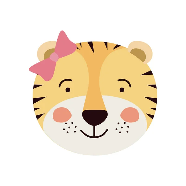 Kleurrijke karikatuur schattig gezicht van vrouwelijke tijgerin dierlijke geluk expressie met boog lace — Stockvector