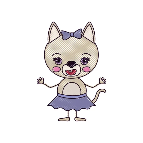 Cor crayon silhueta caricatura de gato fêmea bonito na saia com laço com expressão de felicidade e sorriso — Vetor de Stock