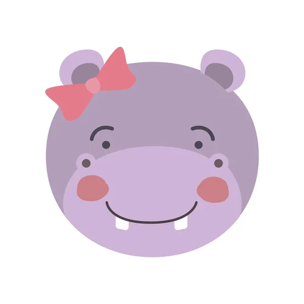 Caricatura colorata viso carino di ippopotamo femminile espressione di felicità animale con fiocco di pizzo — Vettoriale Stock