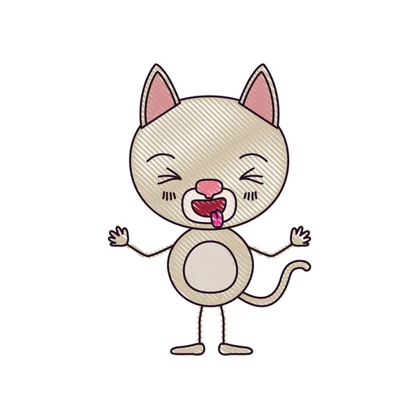 彩色蜡笔剪影漫画的可爱猫咪表达伸出舌头 — 图库矢量图片