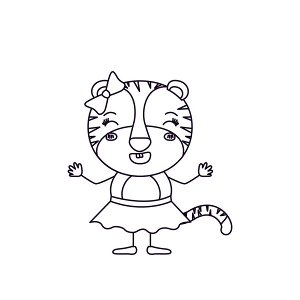 Esboço silhueta caricatura de tigresa feminina em saia com laço e sorrindo expressão — Vetor de Stock