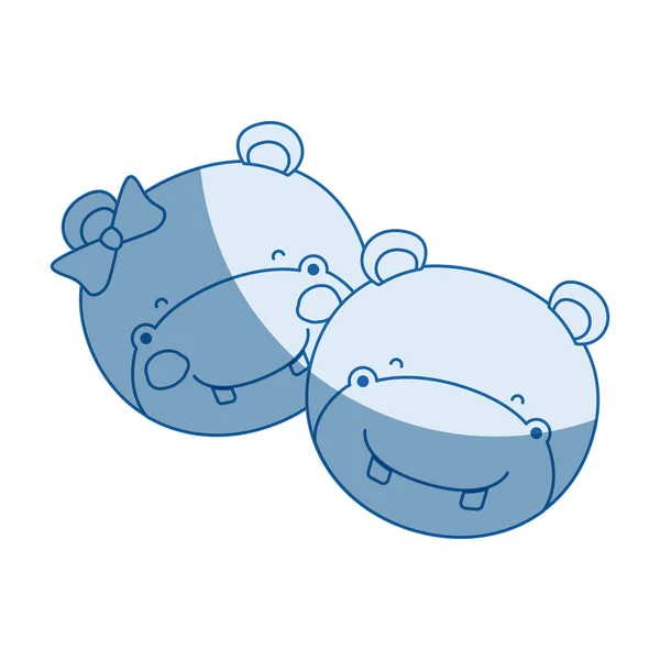 Blauwe kleur arcering silhouet gezichten van hippo paar dierlijke geluk expressie — Stockvector
