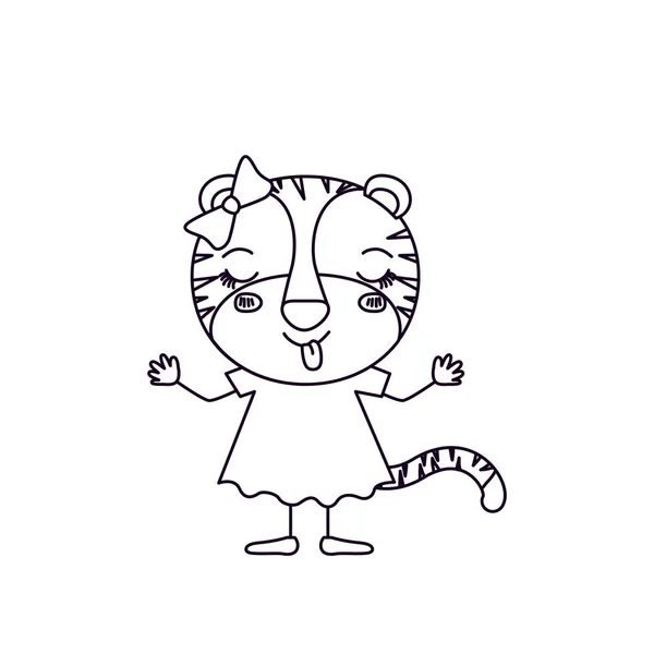 Boceto silueta caricatura de tigresa femenina en vestido con encaje de lazo y ojos cerrados expresión de felicidad — Vector de stock