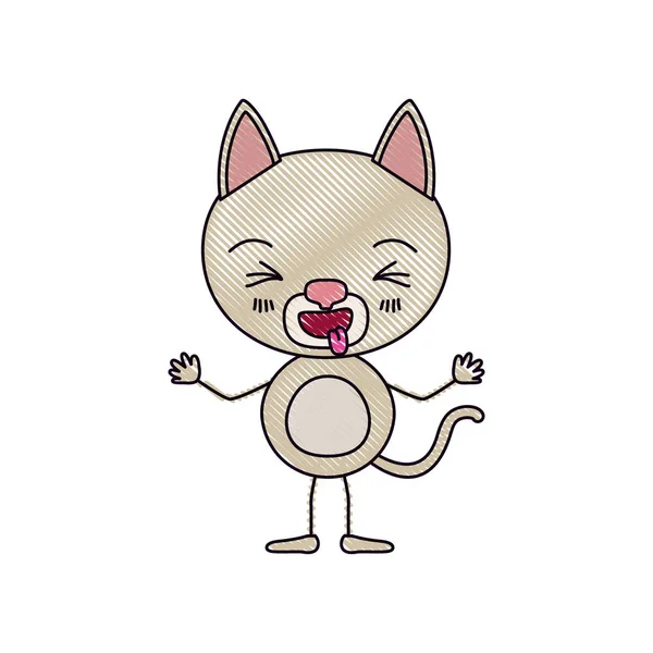 Color crayón silueta caricatura de lindo gato sobresaliendo expresión de la lengua con las manos arriba — Archivo Imágenes Vectoriales