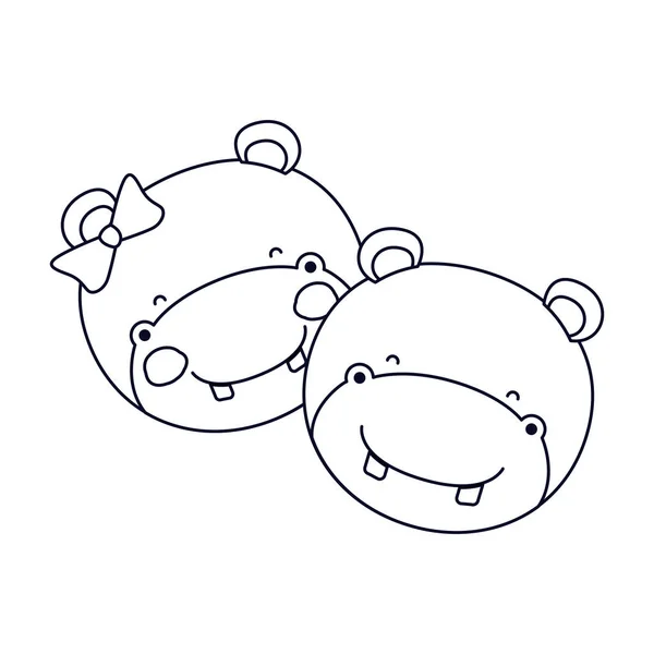 Schizzo silhouette caricatura volti di ippopotamo coppia animale felicità espressione — Vettoriale Stock