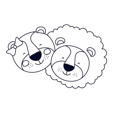 siluet Karikatür yüzler çift aslan ve aslan mutluluk ifade kroki