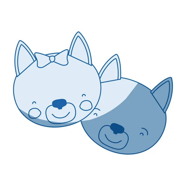 Blaue Farbschattierung Silhouette Karikatur Gesichter von Katzenpaar Tier Glück Ausdruck — Stockvektor