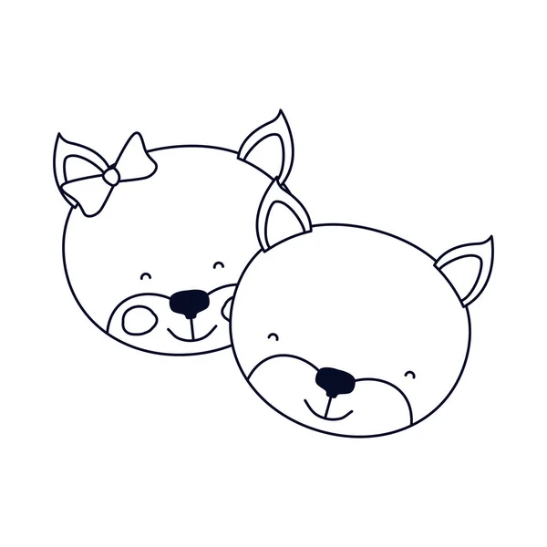 Skizze Silhouette Karikatur Gesichter von Kätzchen Paar Tier Glück Ausdruck — Stockvektor