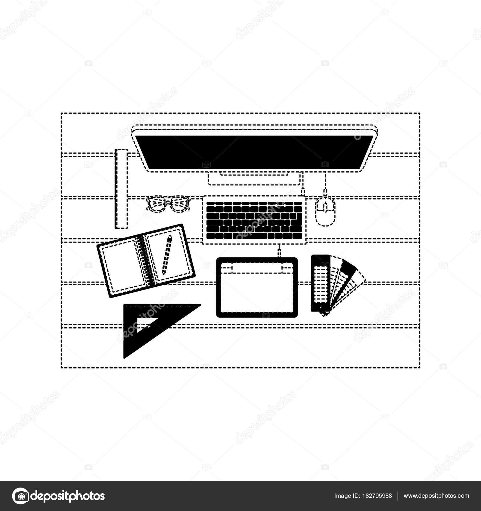 Desktop Computer And Drawing Tools Over Desk On Top View In Black