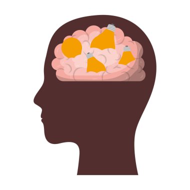 insan yüzü kahverengi siluet beyin ve renkli siluet ışık ampuller ile