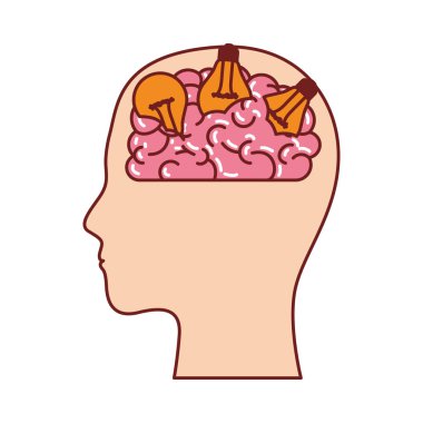 insan yüzü siluet beyin ve kahverengi kontur ile renkli siluet ışık ampuller ile