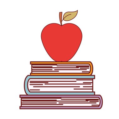 kahverengi kontur ile renkli siluet üstte apple ile yığılmış kitaplar