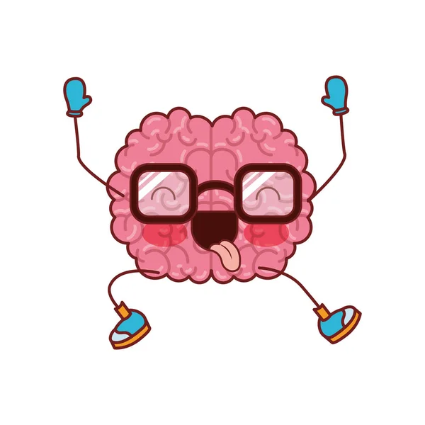 Dibujos animados del cerebro con gafas saltando de alegría en silueta colorida con contorno marrón — Archivo Imágenes Vectoriales