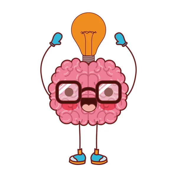 Desenho animado do cérebro com óculos e lâmpada no topo com expressão sorridente em silhueta colorida com contorno marrom —  Vetores de Stock