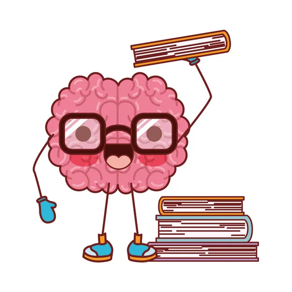 Brain cartoon with glasses and learning books in colorful silhouette with brown contour — Stock Vector