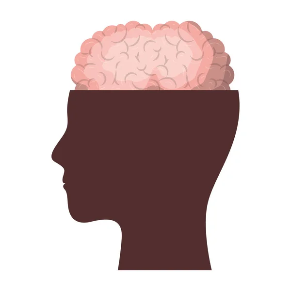 Mänskligt ansikte brunt siluett med hjärnan exponeras i färgglada siluett — Stock vektor