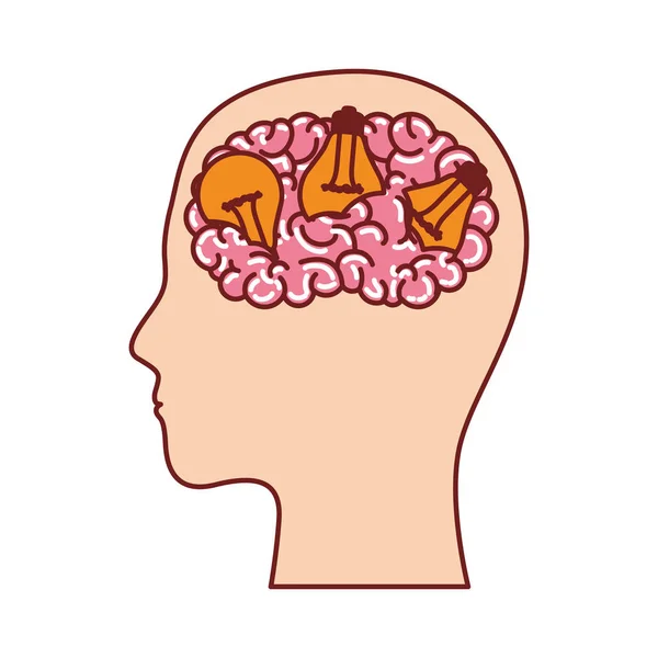Menschliche Gesichtssilhouette mit Gehirn und Glühbirnen in bunter Silhouette mit brauner Kontur — Stockvektor