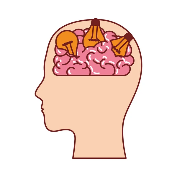 Menselijk gezicht silhouet met hersenen en gloeilampen in kleurrijke silhouet met bruin contour — Stockvector