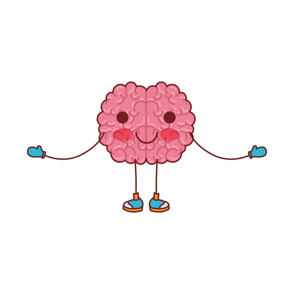 Dibujo animado del cerebro en posición de pie con los brazos abiertos y expresión tranquila en silueta colorida con contorno marrón — Archivo Imágenes Vectoriales