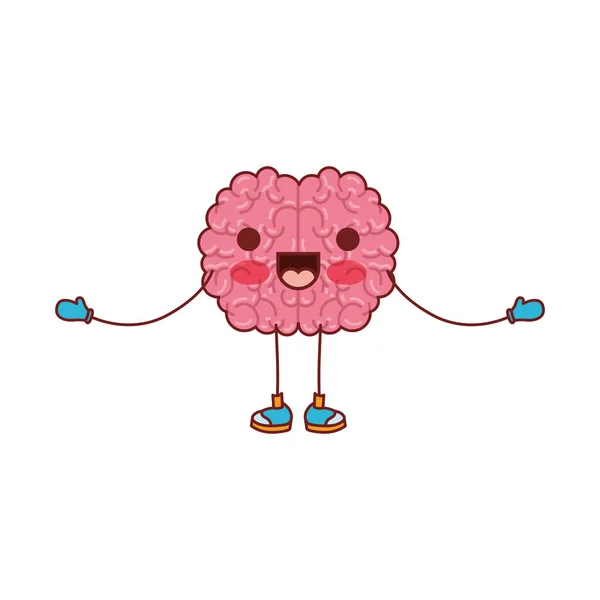 Dibujo animado del cerebro en posición de pie con los brazos abiertos y expresión alegre en silueta colorida con contorno marrón — Vector de stock