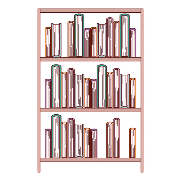 Books stacked in shelf of three levels in colorful silhouette with brown contour — Stock Vector