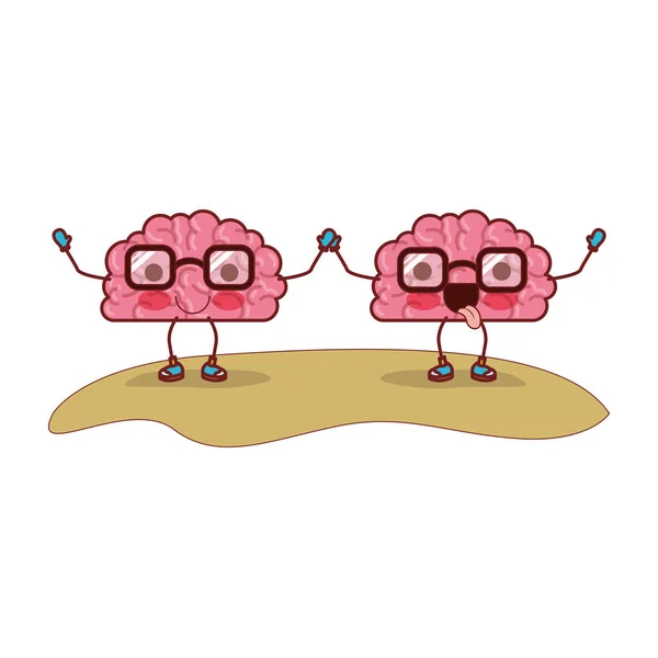 Γελοιογραφία εγκέφαλοι ζευγάρι και οι δύο με τα γυαλιά και πιασμένοι χέρι χέρι με ήρεμο και αστεία έκφραση στο πολύχρωμο σιλουέτα με καφέ περίγραμμα — Διανυσματικό Αρχείο