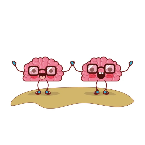 Cartoon brains couple and both with glasses and holding hands with cheerful and happy expression in colorful silhouette with brown contour — Stock Vector