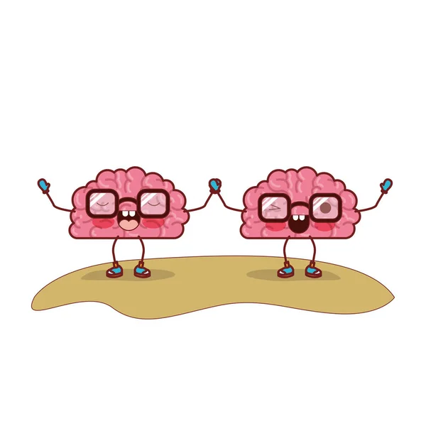 Couple de cerveaux de dessin animé et à la fois avec des lunettes et des mains tenant avec une expression concentrée et un clin d'oeil dans une silhouette colorée avec contour brun — Image vectorielle
