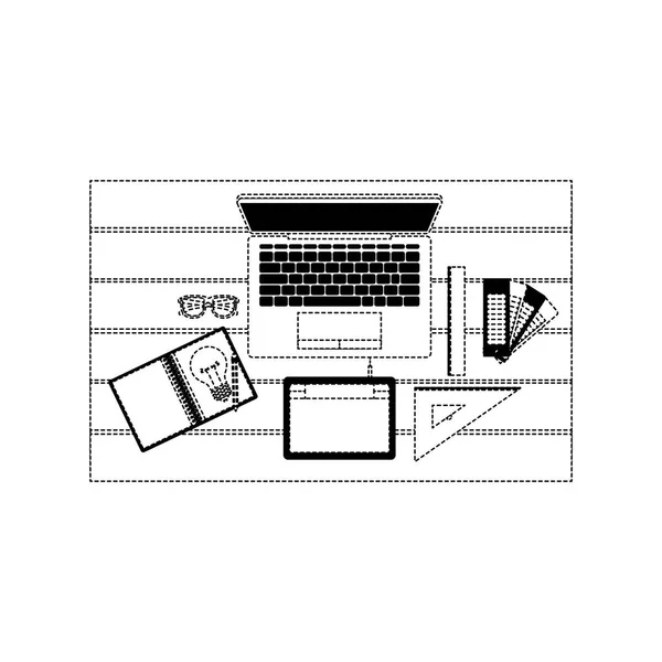 Laptop computer and drawing tools over desk on top view in black dotted contour — Stock Vector