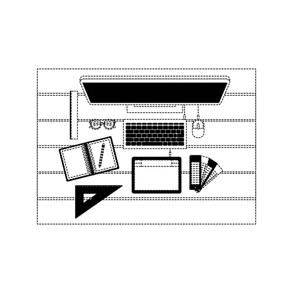 Desktop computer and drawing tools over desk on top view in black dotted contour — Stock Vector