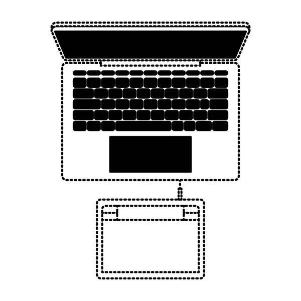 Desktop-Computer und Digitizer-Tablet-Anschluss von oben in schwarz gepunkteter Kontur — Stockvektor