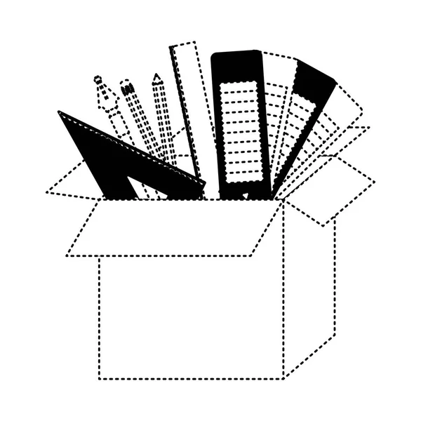 Caja de cartón con herramientas de diseño gráfico en contorno punteado negro — Archivo Imágenes Vectoriales