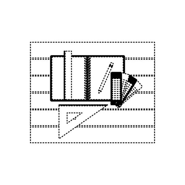 Ferramentas de desenho e notebook sobre mesa vista superior em contorno pontilhado preto — Vetor de Stock