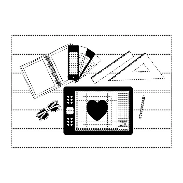 Notebook and ruler tools and tablet digitizer over table on top view in black dotted contour — Stock Vector