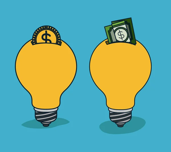 Ampoules lumière en forme de boîte à monnaie avec pièce de monnaie et billet de dollar en fond bleu — Image vectorielle