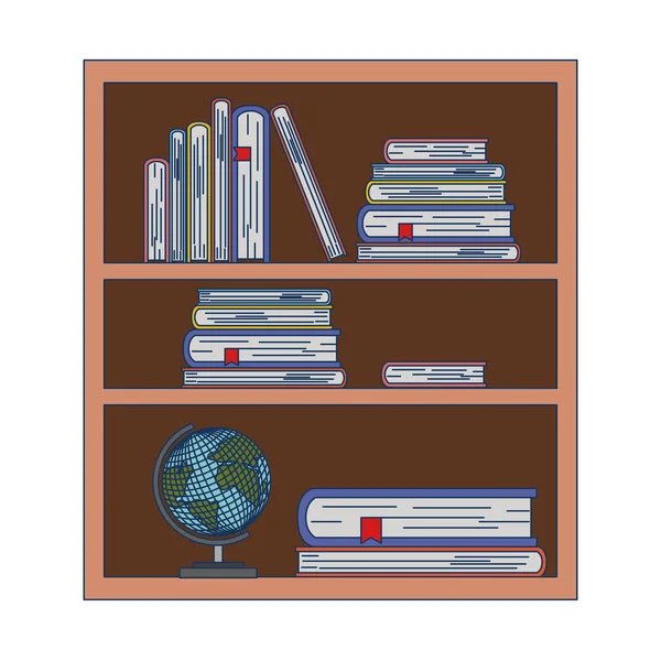Wood library with stack books and world map on white background — Stock Vector